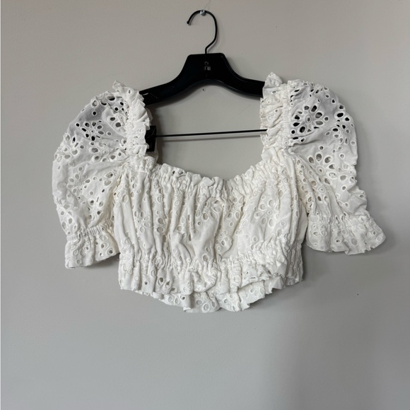 LPA White Eyelet Puff-Sleeve Crop Top - Picture 3 of 5